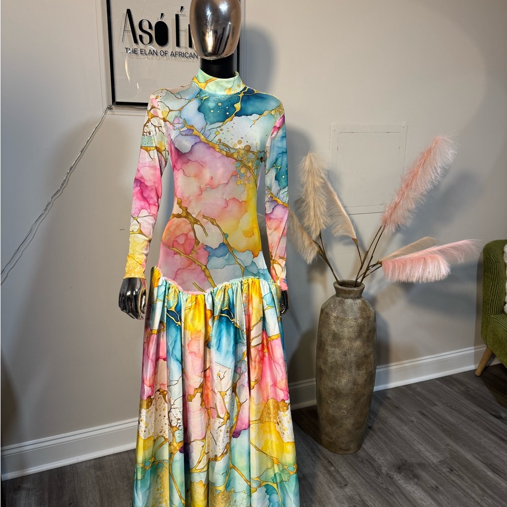 Vibrant Marble Print Long Sleeve Dress